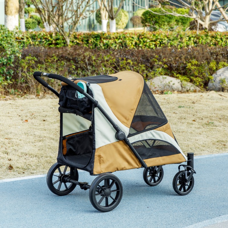 Lemmikkirattaat isoille koirille, taitettava koiravaunu 30 kg asti, 4 pyörää, turvaremmit, ruskea