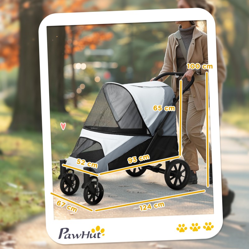 Lemmikkirattaat isoille koirille, taitettava koiravaunu 30 kg asti, 4 pyörää, turvaremmit, harmaa