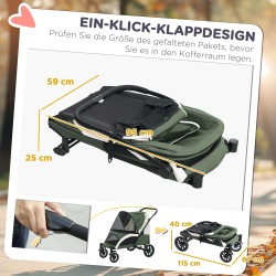Lemmikkiratas suurille koirille, taitettava koiravaunu 30 kg, 4 pyörää, turvakiinnitykset, tummanvihreä