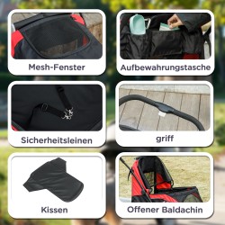 Lemmikkivaunu isoille koirille, taitettava koirien vaunu 30 kg asti, 4 pyörää, musta