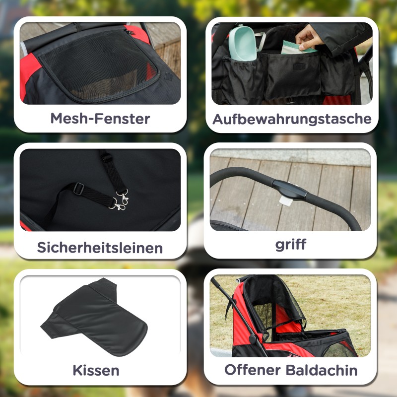 Lemmikkivaunu isoille koirille, taitettava koirien vaunu 30 kg asti, 4 pyörää, musta