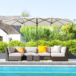 Kaksipuolinen teräksinen parveke- ja puutarhavarjo 436 x 260 cm, kampimekanismi, beige