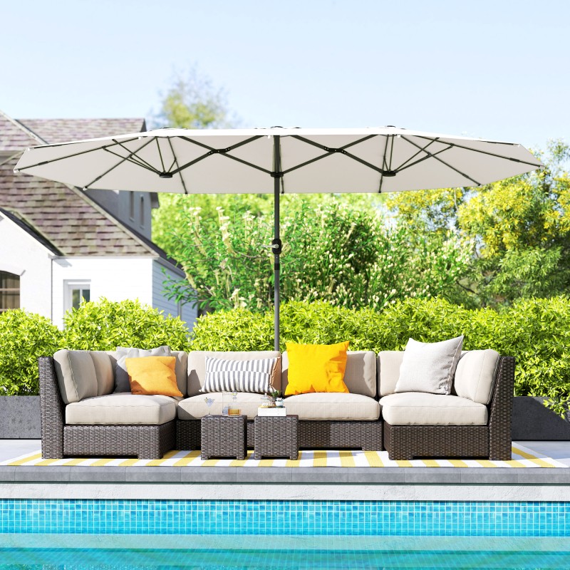 Kaksipuolinen teräksinen parveke- ja puutarhavarjo 436 x 260 cm, kampimekanismi, beige