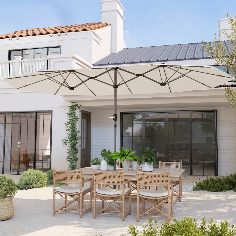 Kaksipuolinen teräksinen parveke- ja puutarhavarjo 436 x 260 cm, kampimekanismi, beige