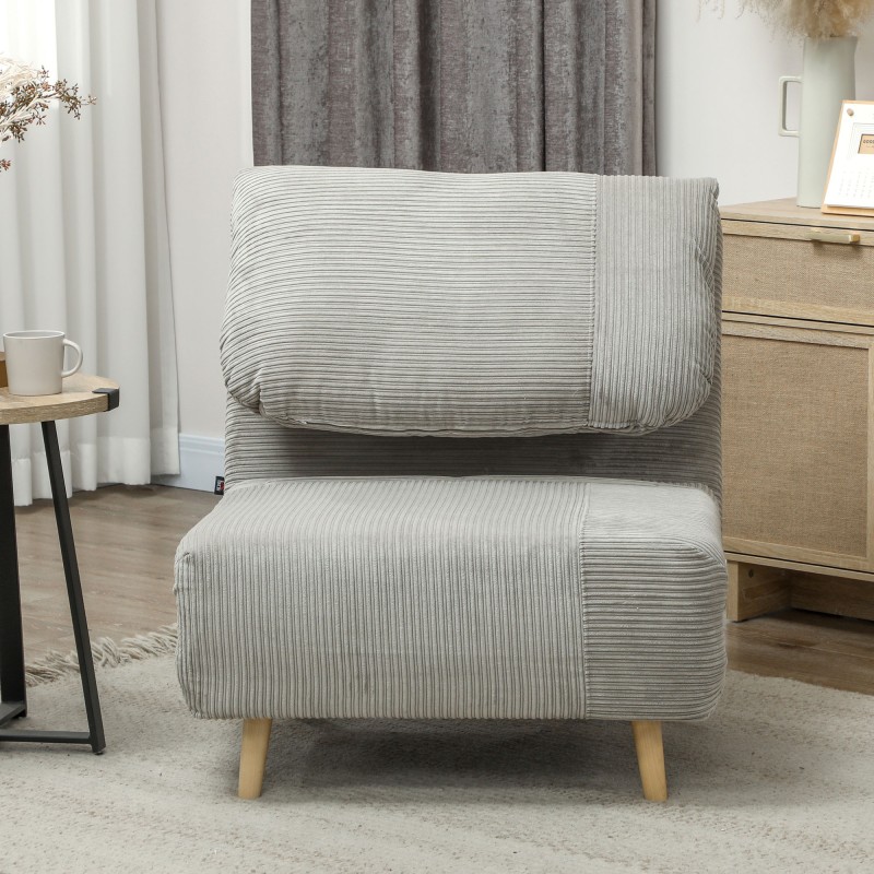 2-in-1 lepotuoli ja vierasvuode, cord-sametti, puurunko, 82 x 87 x 89 cm, harmaa