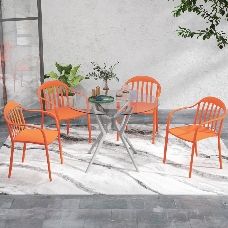 Puutarhatuoli 4 kpl setti ulkokäyttöön, pinottava muovituoli käsinojilla, punainen