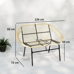 Puutarhapenkki 2 hengen, teräsrunko ja PE-punos, 126x72x83 cm, khaki-musta, 260 kg