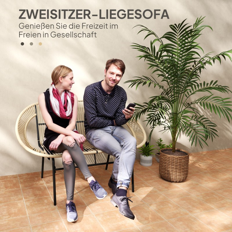 Puutarhapenkki 2 hengen, teräsrunko ja PE-punos, 126x72x83 cm, khaki-musta, 260 kg