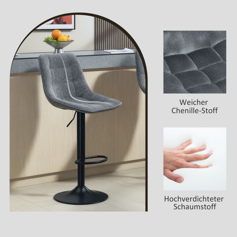 Baarituoli 2 kpl, säädettävä ja kääntyvä, selkänojalla ja jalkatuella, chenilleverhoilu, tummanharmaa