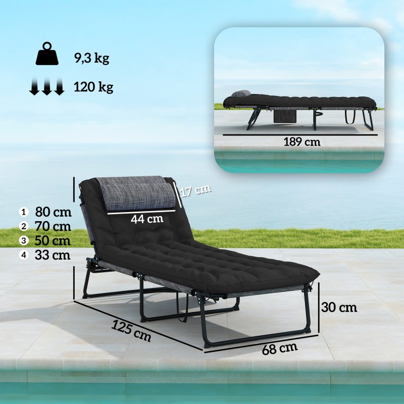 Taitettava aurinkotuoli puutarhaan, 4-asentoinen selkänoja, päätyyny ja sivutasku, musta