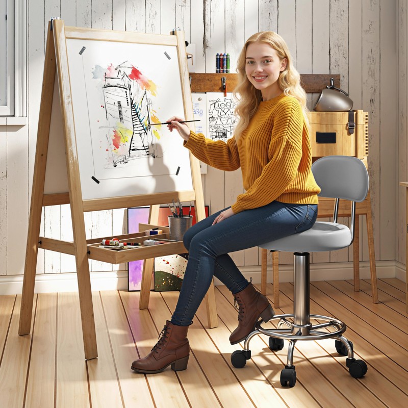 Työjakkara selkänojalla ja jalkatuella, säädettävä, tekonahkaa, harmaa