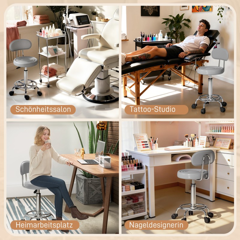 Työjakkara selkänojalla ja jalkatuella, säädettävä, tekonahkaa, harmaa