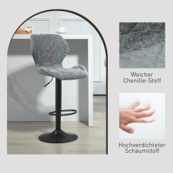 Säädettävät baarituolit keittiöön 2 kpl, selkänojalla, chenille-kangas, harmaa-musta