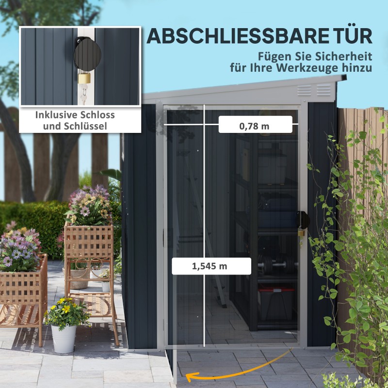 Pihavarasto ja puutarhatyökalujen säilytyssuoja, teräs, ikkuna, ilmanvaihto, lukittava, tummanharmaa