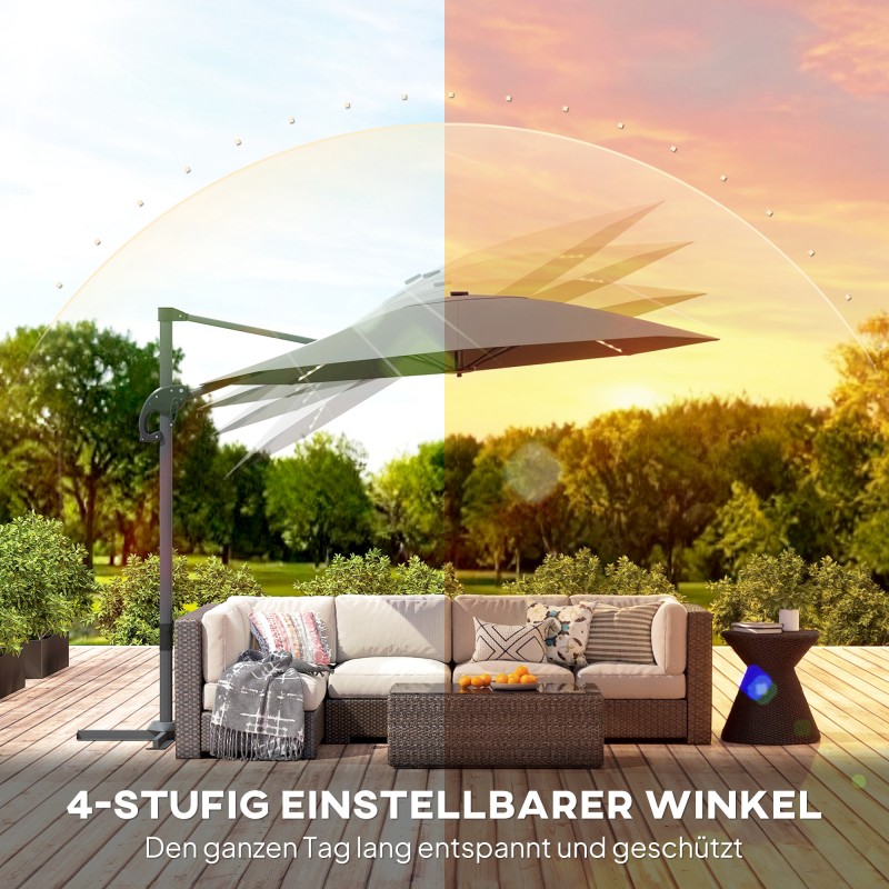 Sivuvarjo LED-aurinkokennovalolla, alumiini, Ø300 cm, korkeussäädettävä, UV-suoja UPF 50+, tummanharmaa