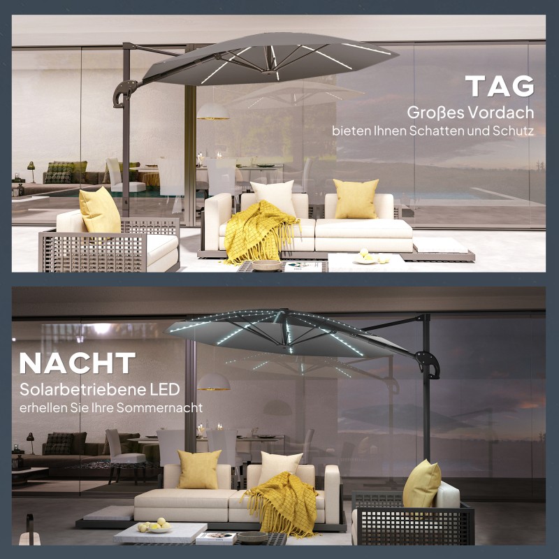 Sivuvarjo LED-aurinkokennovalolla, alumiini, Ø300 cm, korkeussäädettävä, UV-suoja UPF 50+, tummanharmaa