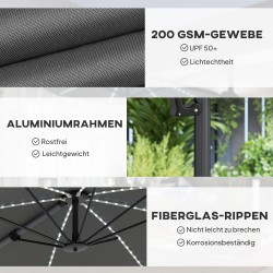 Sivuvarjo LED-aurinkokennovalolla, alumiini, Ø300 cm, korkeussäädettävä, UV-suoja UPF 50+, tummanharmaa