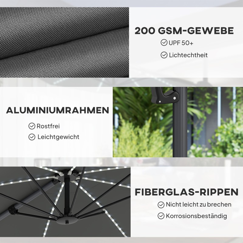 Sivuvarjo LED-aurinkokennovalolla, alumiini, Ø300 cm, korkeussäädettävä, UV-suoja UPF 50+, tummanharmaa