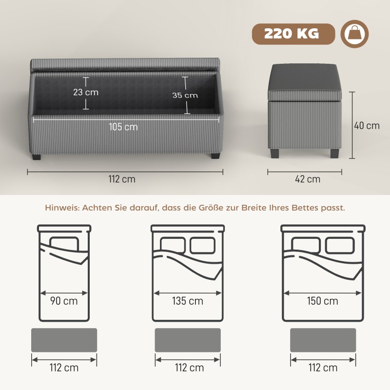 Säilytyspenkki olohuoneeseen ja makuuhuoneeseen, vakosamettia, 112x42x40 cm, 84 l, harmaa