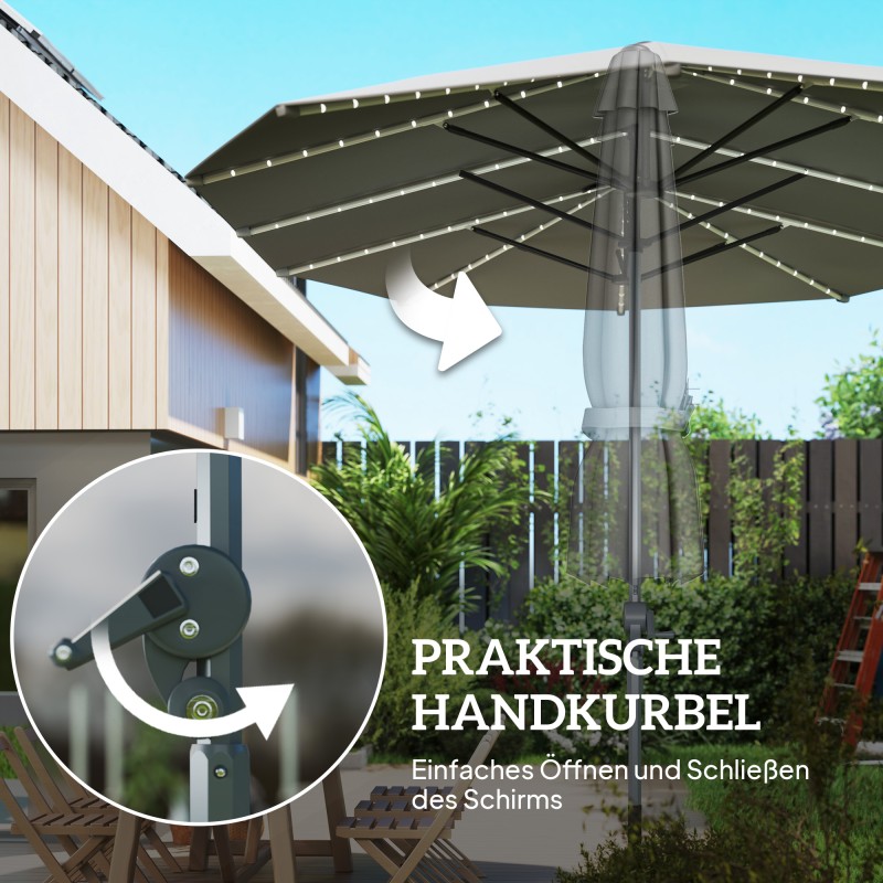 Kaksiosainen terassi- ja puutarhavarjo LED-valoilla, UPF50+ polyesteri, alumiinirunko, 451x267 cm, tummanharmaa