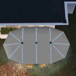 Kaksiosainen terassi- ja puutarhavarjo LED-valoilla, UPF50+ polyesteri, alumiinirunko, 451x267 cm, tummanharmaa