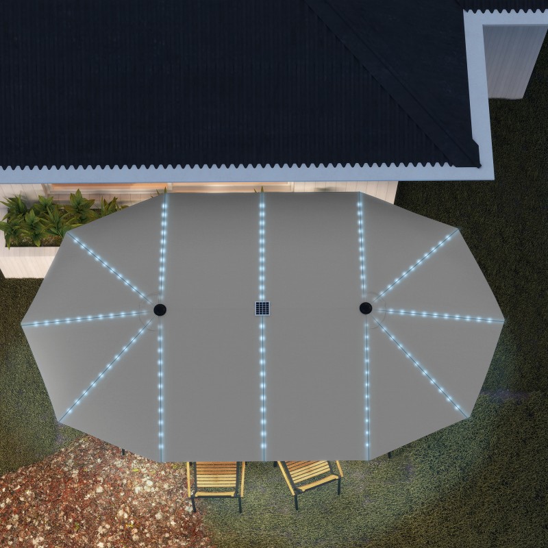 Kaksiosainen terassi- ja puutarhavarjo LED-valoilla, UPF50+ polyesteri, alumiinirunko, 451x267 cm, tummanharmaa