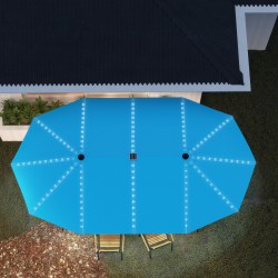 Kaksiosainen terassivarjo LED-valoilla, alumiini ja polyesteri, UPF50+, 451 x 267 cm, sininen