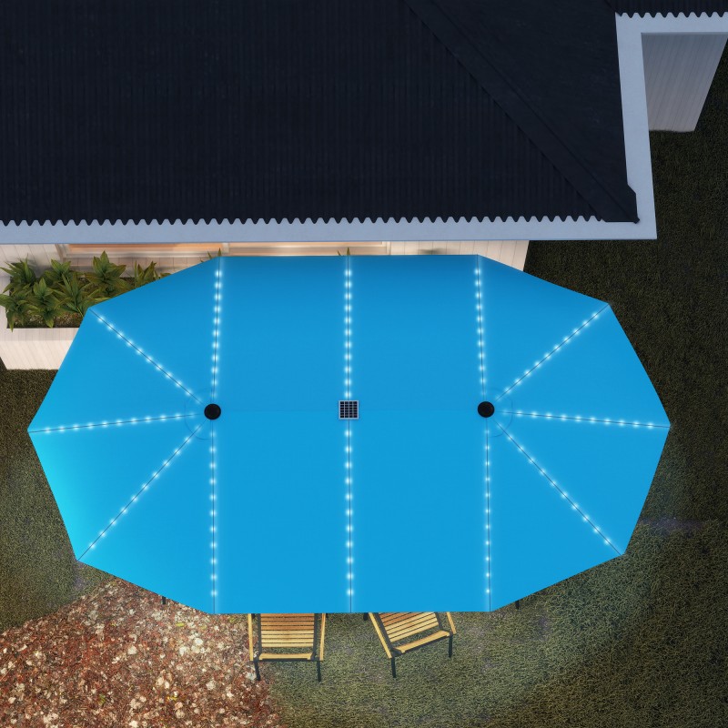 Kaksiosainen terassivarjo LED-valoilla, alumiini ja polyesteri, UPF50+, 451 x 267 cm, sininen