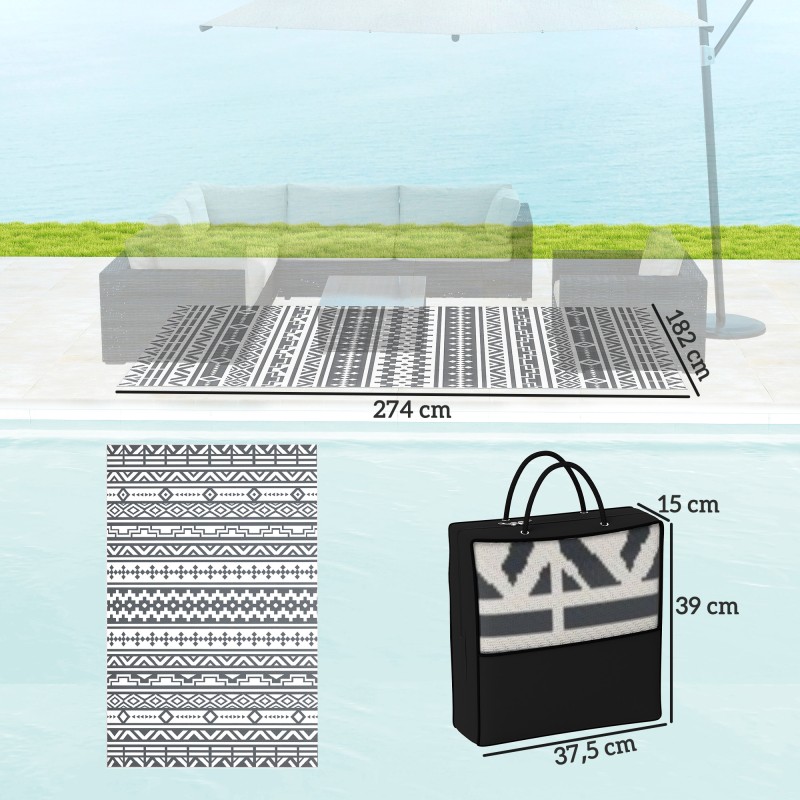 Ulkomatto boho-tyyliin, säänkestävä polypropeeni, 182 x 274 cm, tummanharmaa/valkoinen