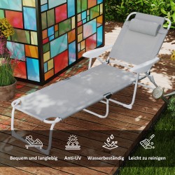 Taitettava puutarhatuoli lepotuoli niskatyynyllä, metallirunko ja verkkokangas, 160 x 66 x 98 cm, vaaleanharmaa