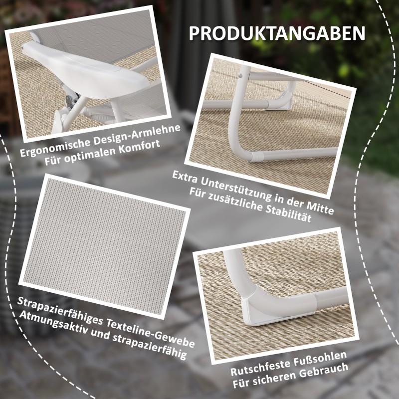 Taitettava puutarhatuoli lepotuoli niskatyynyllä, metallirunko ja verkkokangas, 160 x 66 x 98 cm, vaaleanharmaa