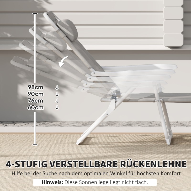 Taitettava puutarhatuoli lepotuoli niskatyynyllä, metallirunko ja verkkokangas, 160 x 66 x 98 cm, vaaleanharmaa