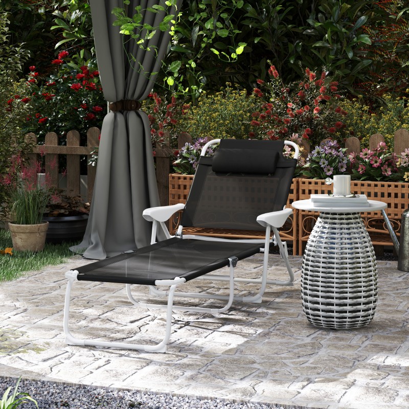 Taitettava puutarhatuoli lepotuoli 4-asentoinen selkänoja niskatyyny metallirunko 160x66x98 cm musta