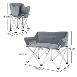 Kokoontaitettava kahden hengen retkituoli, metallirunko ja 600D Oxford-kangas, kantavuus 240 kg, harmaa
