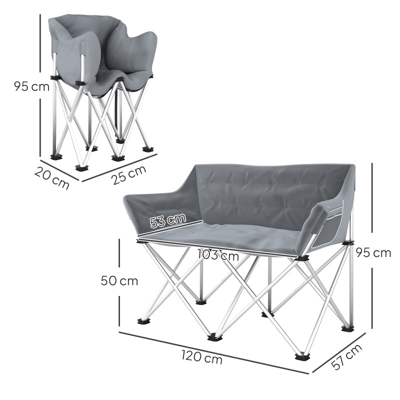 Kokoontaitettava kahden hengen retkituoli, metallirunko ja 600D Oxford-kangas, kantavuus 240 kg, harmaa