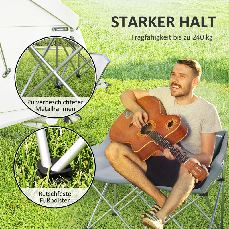 Kokoontaitettava kahden hengen retkituoli, metallirunko ja 600D Oxford-kangas, kantavuus 240 kg, harmaa