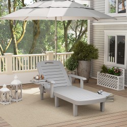 Aurinkotuoli ulkokäyttöön puujäljitelmästä, 5-asentoinen selkänoja, sivupöytä, muovi, vaaleanharmaa