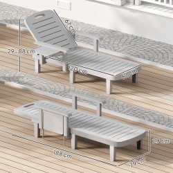 Aurinkotuoli ulkokäyttöön puujäljitelmästä, 5-asentoinen selkänoja, sivupöytä, muovi, vaaleanharmaa