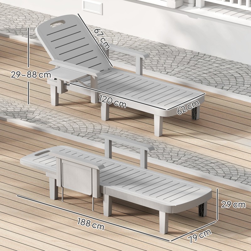 Aurinkotuoli ulkokäyttöön puujäljitelmästä, 5-asentoinen selkänoja, sivupöytä, muovi, vaaleanharmaa