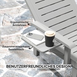 Aurinkotuoli ulkokäyttöön puujäljitelmästä, 5-asentoinen selkänoja, sivupöytä, muovi, vaaleanharmaa