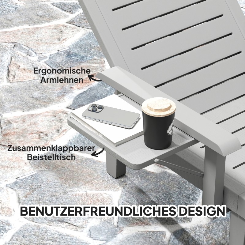 Aurinkotuoli ulkokäyttöön puujäljitelmästä, 5-asentoinen selkänoja, sivupöytä, muovi, vaaleanharmaa