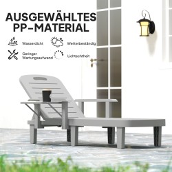 Aurinkotuoli ulkokäyttöön puujäljitelmästä, 5-asentoinen selkänoja, sivupöytä, muovi, vaaleanharmaa