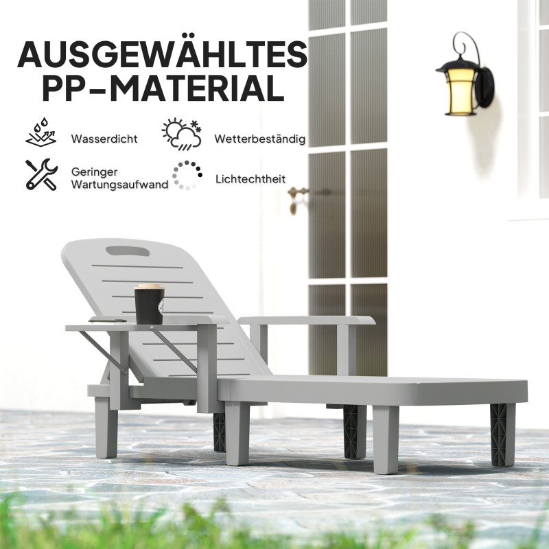 Aurinkotuoli ulkokäyttöön puujäljitelmästä, 5-asentoinen selkänoja, sivupöytä, muovi, vaaleanharmaa