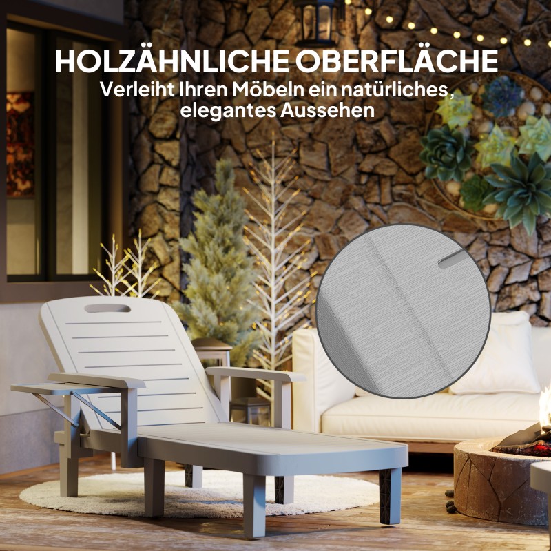 Aurinkotuoli ulkokäyttöön puujäljitelmästä, 5-asentoinen selkänoja, sivupöytä, muovi, vaaleanharmaa