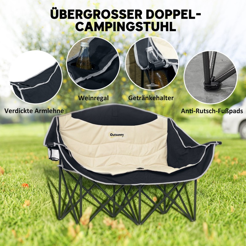 Kaksipaikkainen taitettava campingtuoli mukitelineillä ja kantolaukulla, kantavuus 250 kg, khaki