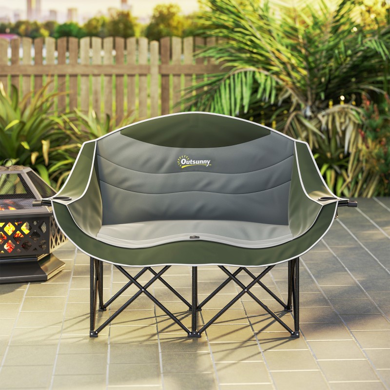 Kaksinistuttava retkituoli 2 hengen kokoontaitettava campingtuoli juomapidikkeillä kantokassi vihreä, kantavuus 250 kg