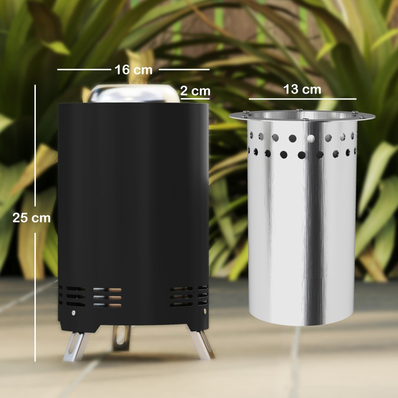 Tulisija ulkokäyttöön ruostumaton teräs 16x25 cm lähes savuton musta pokerilla