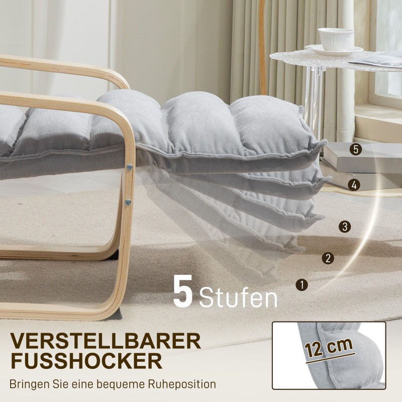 Nojatuoli säädettävällä jalkatuella, koivuvaneri, samettimainen kangas, 67x93–114x105 cm, vaaleanharmaa