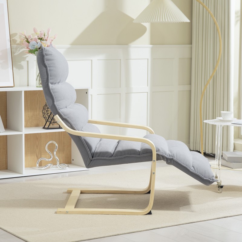 Nojatuoli säädettävällä jalkatuella, koivuvaneri, samettimainen kangas, 67x93–114x105 cm, vaaleanharmaa