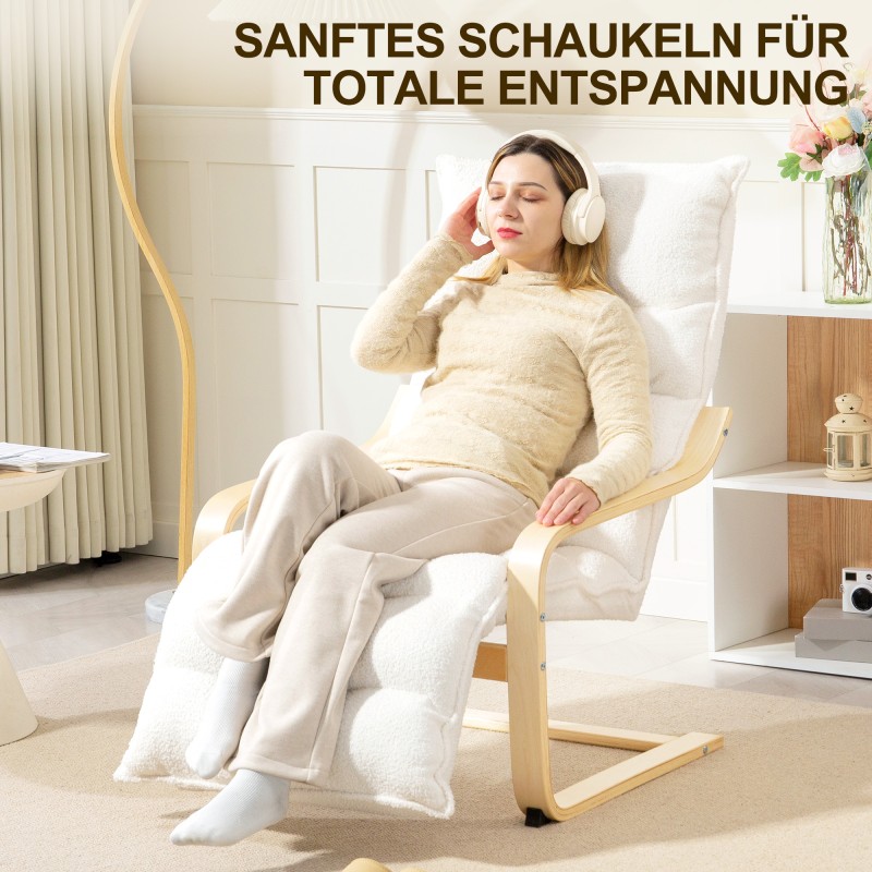 Keinunoja­tuoli säädettävällä jalkatuella, sherpa-fleece-verhoilu, koivulamellirunko, valkoinen